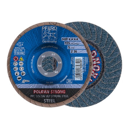 Pferd 5" x 7/8" A.H. POLIFAN Flap Disc - Z SGP STRONG STEEL, Zirconia, 36 Grit, Conical 62955